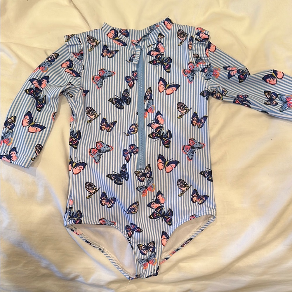 Striped Butterfly Print 3/4 Sleeve Swimsuit